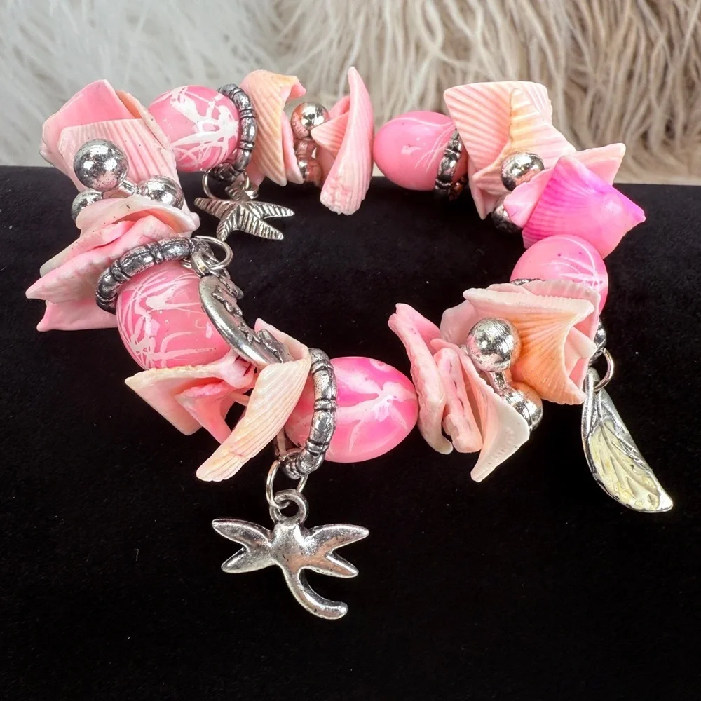 Island beach chic pink and silvertone charm stretch bracelet